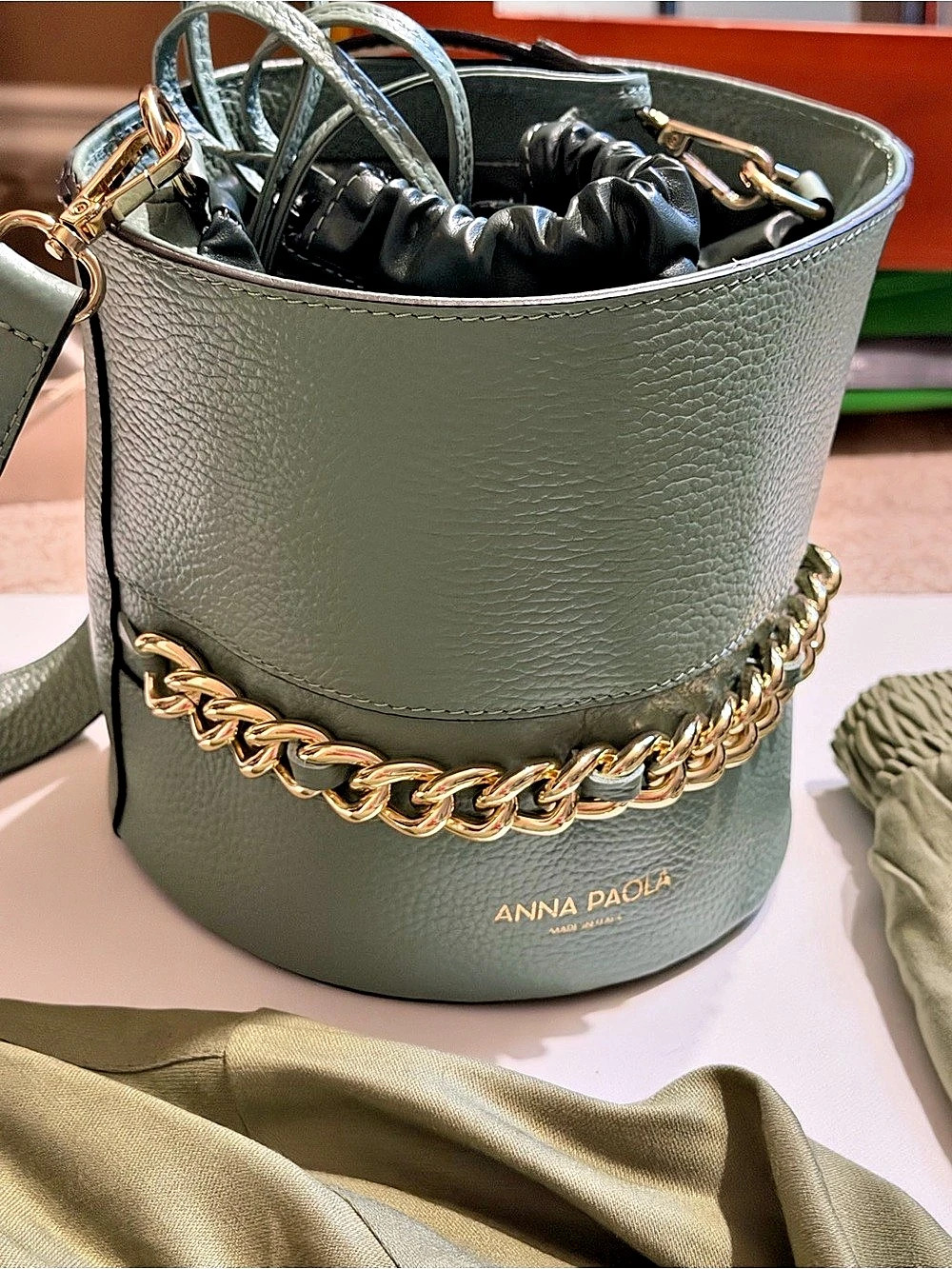 Anna Paola Italian Leather Bucket Bag with Gold Chain Olive green outer Dark For